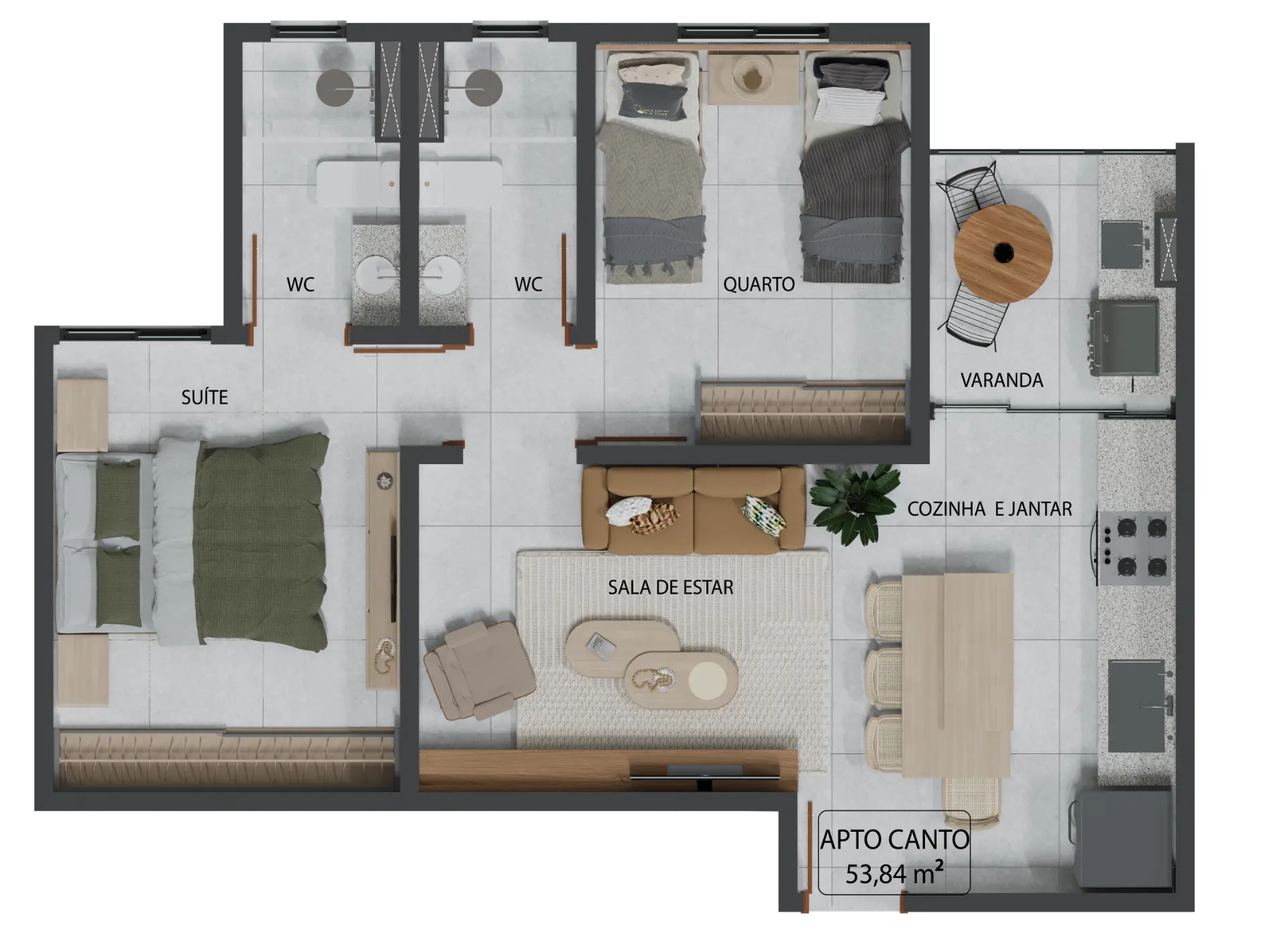 Planta do apartamento de canto de 53,84 metros quadrados