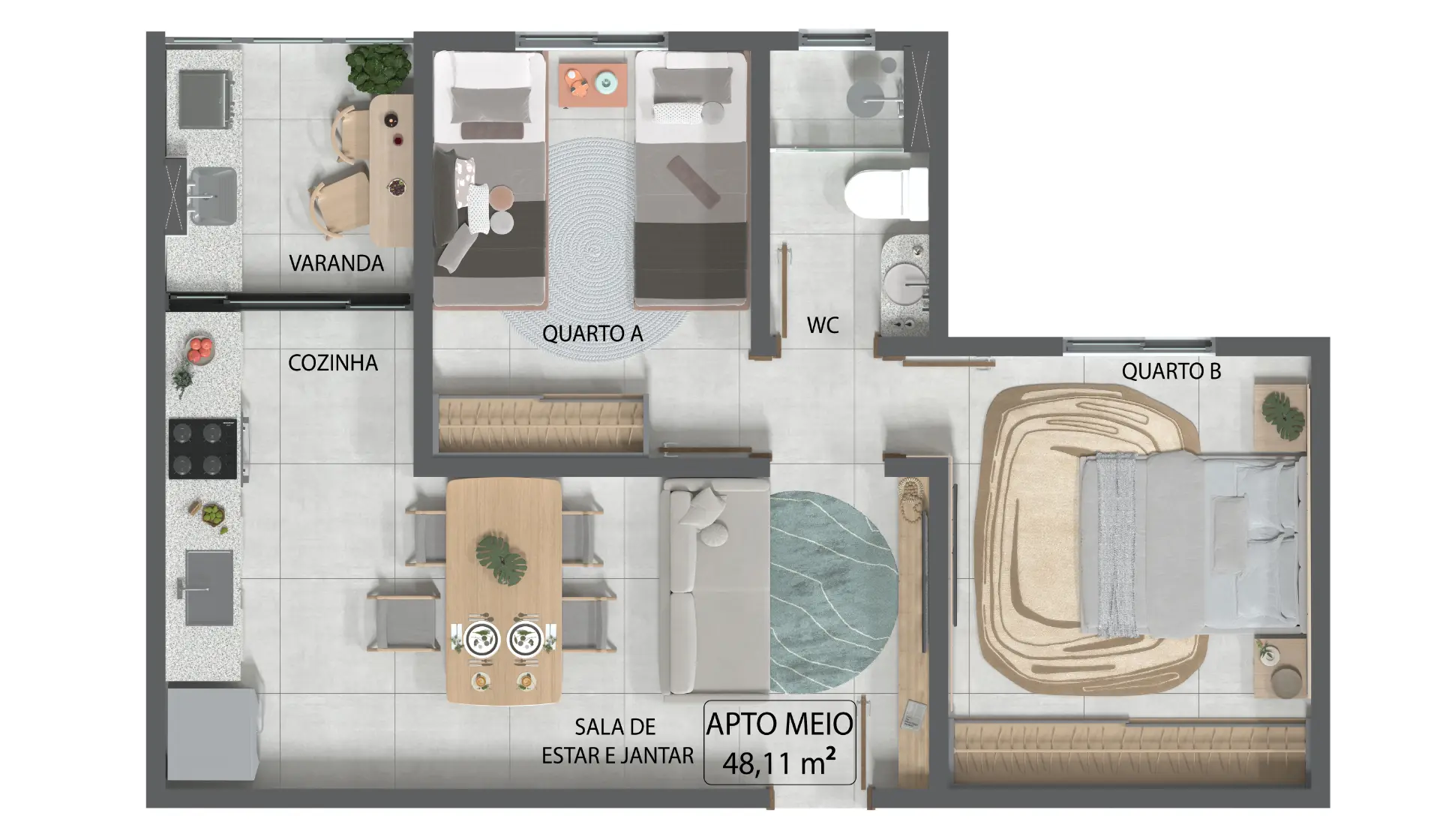 Planta do apartamento de meio de 48,11 metros quadrados